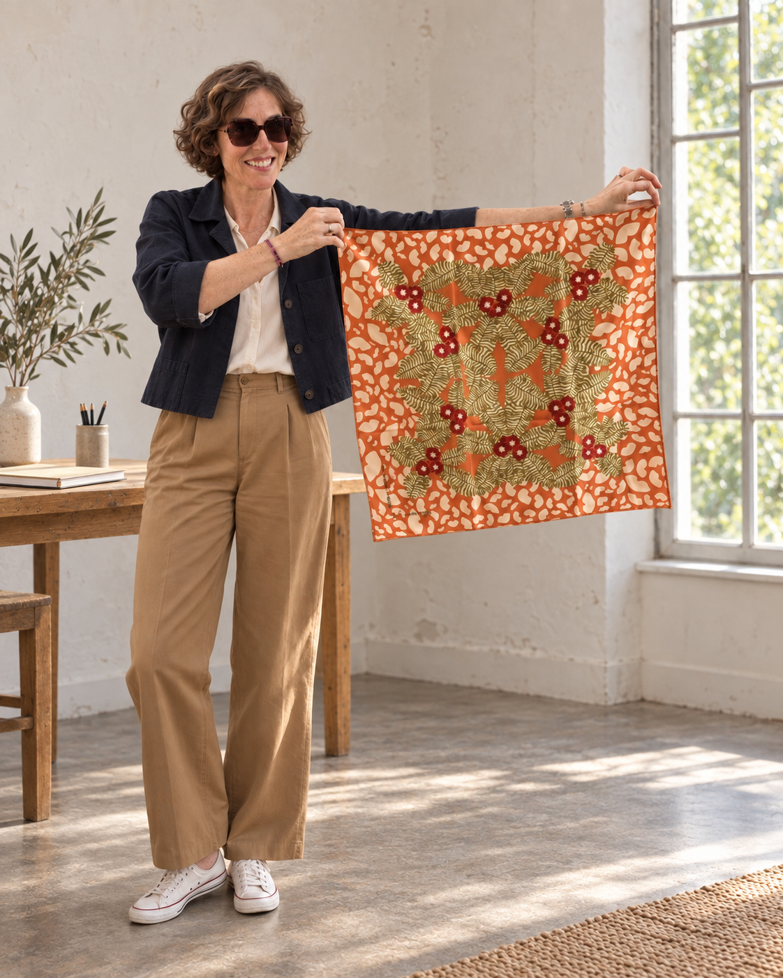 Bandana en satin de coton "Baiser Primevères" par Claire Colin